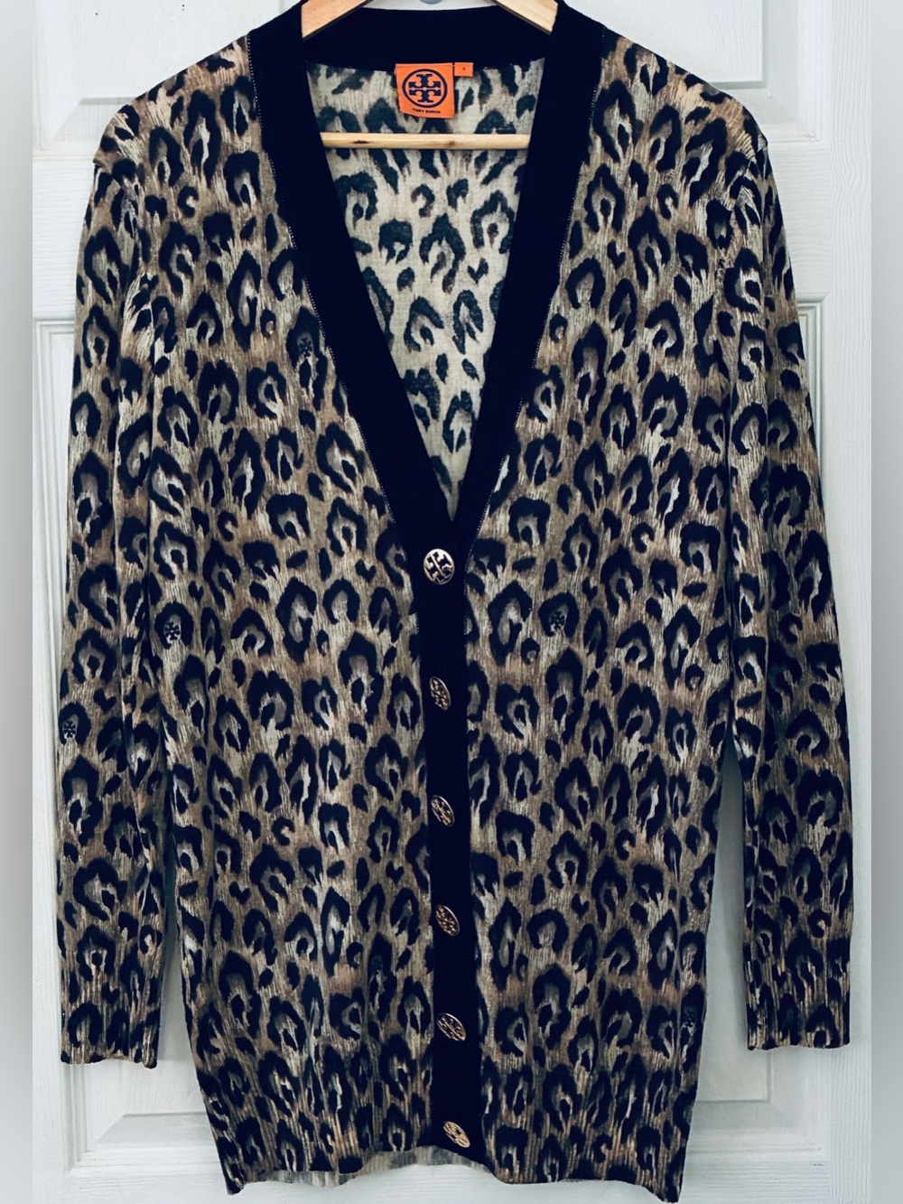 Tory Burch Leopard Print V-Neck Cardigan - Black and Tan